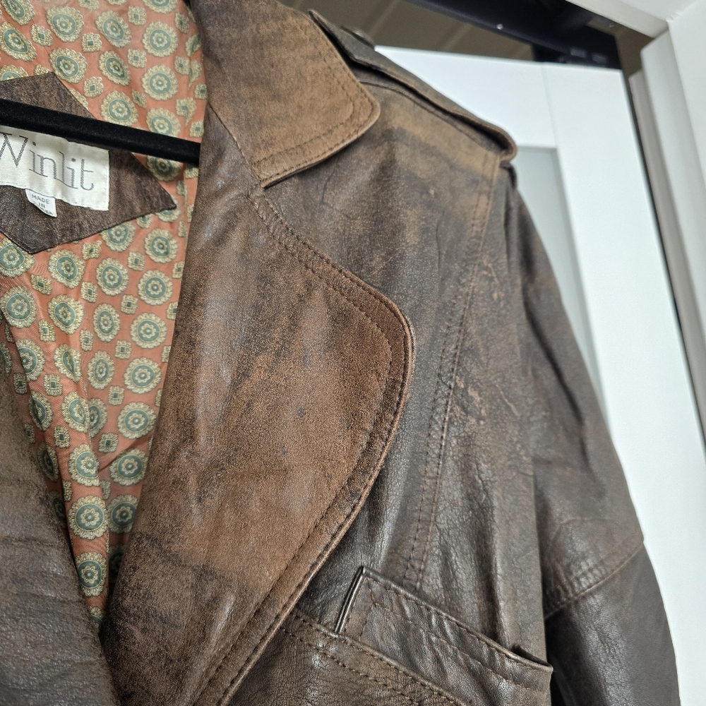 Winlit Vintage Leather Jacket Brown Cropped 80s Style Genuine Made in Korea M - Picture 7 of 17
